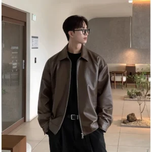 PU High-quality Men's Solid Color Vintage Jacket, Versatile Street Fashion Daily Wear, Windproof, Waterproof Faux Leather.