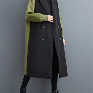 Oversized Turn-down Collar Trench Coat For Women 2024 Autumn Winter Casual Loose Vintage Patchwork Fashion Outerwear Cardigan