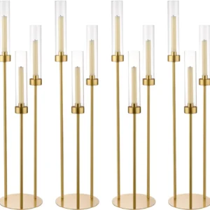 4pcs Gold Candelabra 3 Arm Hurricane Candle Holders Centerpiece for Table Centerpiece Party Decorative Candlestick Holder