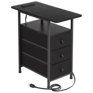 End Tables Living Room with Charging Station, Narrow Side Table with USB Ports and Outlets, Slim Nightstand with 3 Fabric Drawe