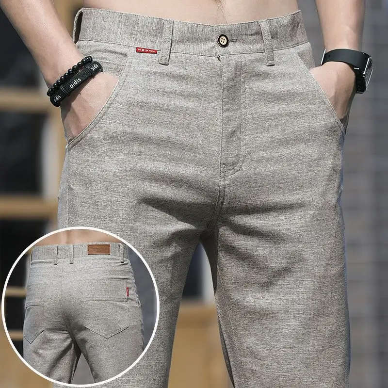 Spring Summer Men Thin Linen Straight Pants Streetwear Fashion New Business Casual Pockets Slim Big Size Male Versatile Trousers