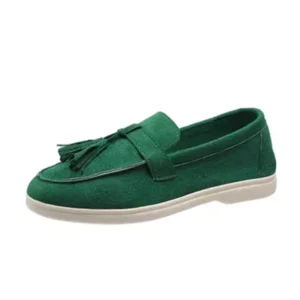 Womens Flock Thick Bottom Driving Shoes Round Toe Flock Tassel White Sole Soft Moccasines In Green Black Wide Fits Slip-On 35-45
