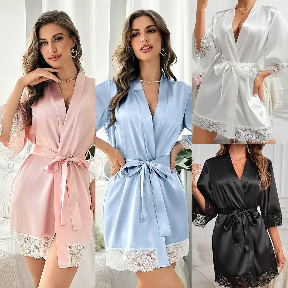 Womens Large Size Ice Silk Sexy Lace Bathrobe Pajamas Female Soft and Comfortable Solid Color Sleepwear V-Neck Bathrobe Pajamas - Image 3