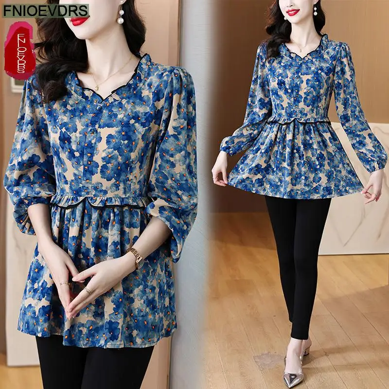Loose Clothes Women 2024 Autumn Elegant Office Lady Button Basic Shirts Casual Retro Vintage Ruffles Tunic Peplum Tops Blouses - Image 3