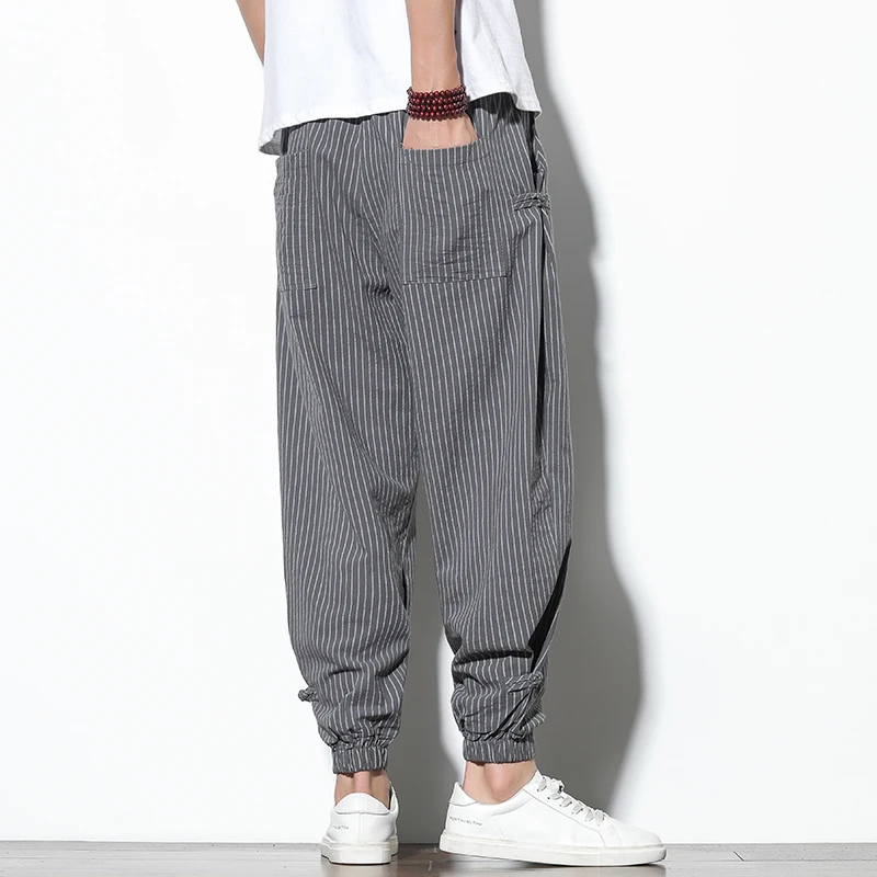 Four Seasons Men Disc Buckle Striped Harem Pants Breathable Cotton Linen Pencil Pants Buckle Casual Bloomers Fashion Trousers - Image 2