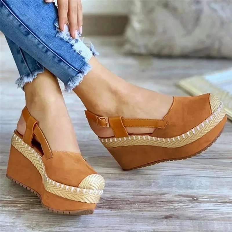 Large Size 2025 Summer Comfort Shoes for Women Beige Heeled Sandals Espadrilles Platform Clogs Wedge Big Black Velvet Low Girls - Image 5