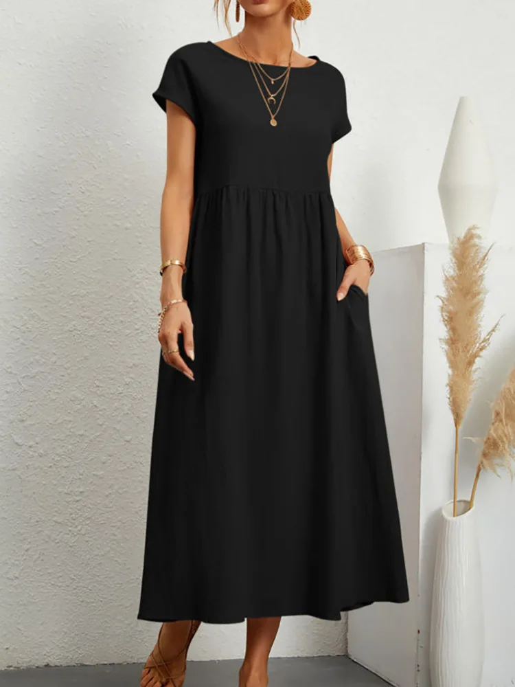 2023 new Vintage Dress O-Neck Half Sleeve Solid Dresses Summer Women Mid-Calf Length Robe Female Causal Holiday Sundress Kaftan - Image 5
