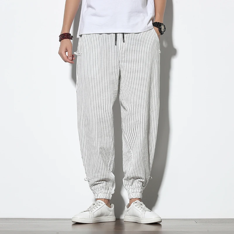 Four Seasons Men Disc Buckle Striped Harem Pants Breathable Cotton Linen Pencil Pants Buckle Casual Bloomers Fashion Trousers - Image 4
