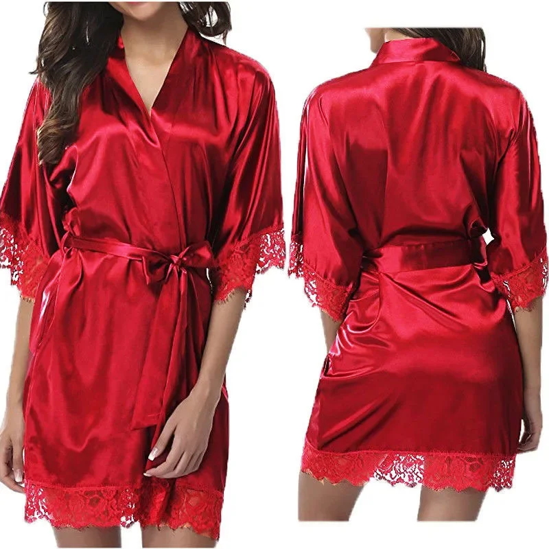 Womens Large Size Ice Silk Sexy Lace Bathrobe Pajamas Female Soft and Comfortable Solid Color Sleepwear V-Neck Bathrobe Pajamas - Image 6