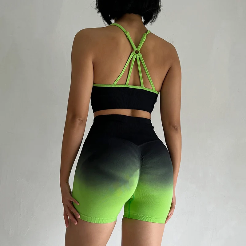 2 Pcs Seamless Gradient Yoga Suit Workout Sports Bra + High Waist Gym Shorts Sport Set Fashion Shorts Sets Sportswear Female - Image 6