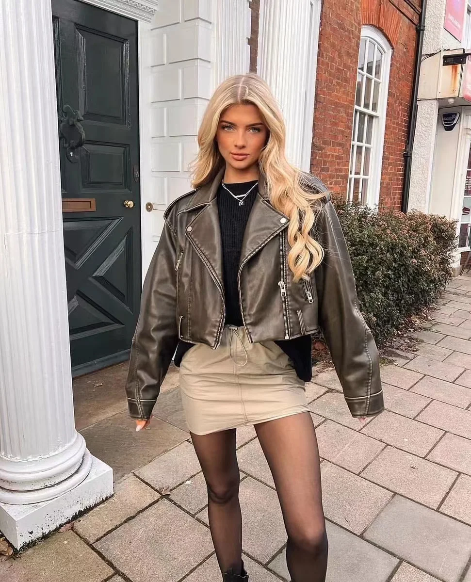 ZVRI 2024 Women Vintage Loose Pu Faux Leather Short Jacket with Belt Streetwear Female Zipper Retro Moto Biker Coat Outwear Tops - Image 2