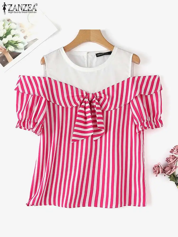 ZANZEA Women Cold Shoulder Blouse Fashion Plaid Stitching Shirt Holiday Summer Bowtie Short Sleeve Tops 2024 Vintage Loose Blusa - Image 5