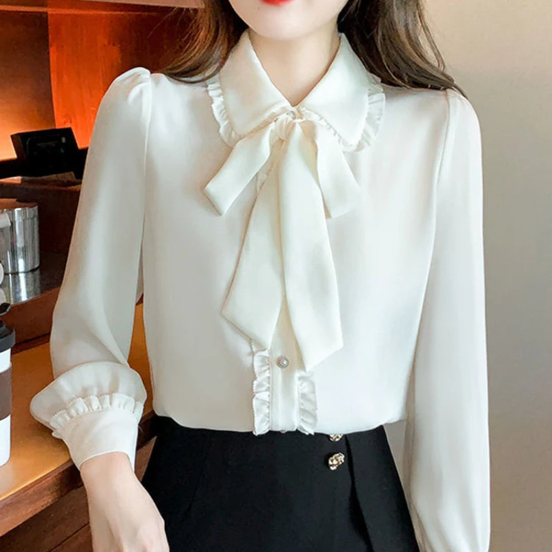Bow Tie White Chiffon Shirt 2022 Spring Summer Korean Fashion Blouse Lace Elegant Long Sleeve Shirt for Female Casual Clothing - Image 5