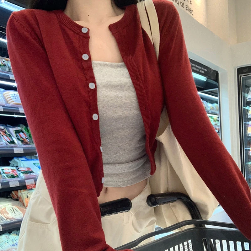 Alobee Red Cardigan Knit Early Autumn Women Clothes New 2024 Outdoor Crop Sweater Outerwear Long Sleeve Top Bottoming Shirt - Image 2