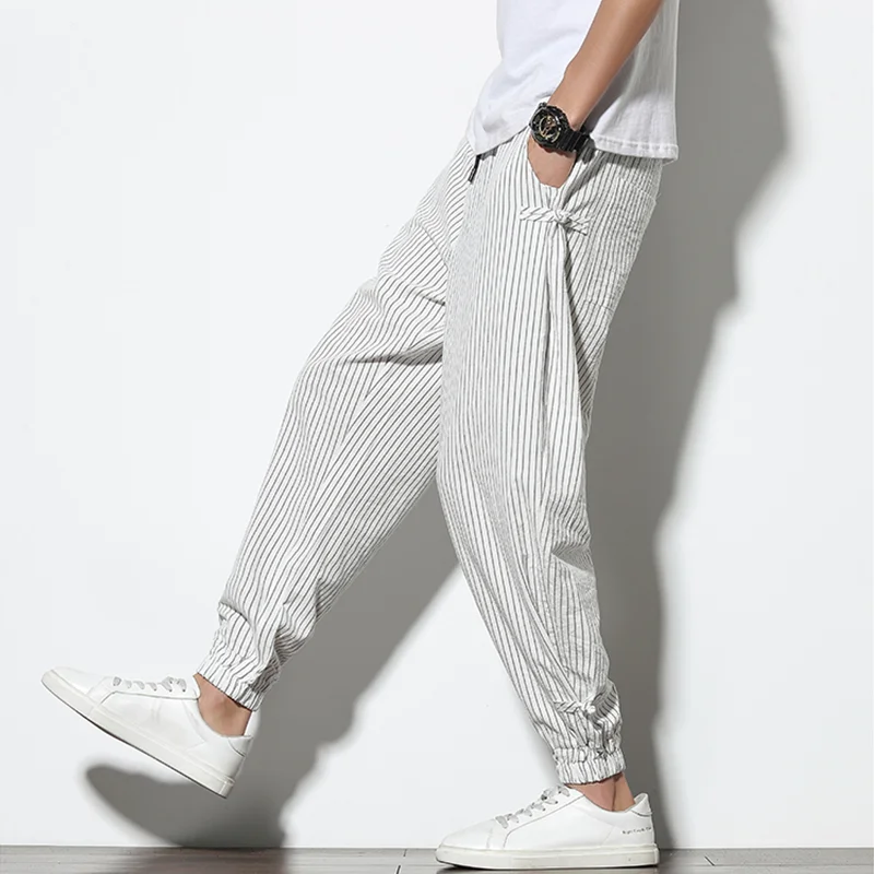 Four Seasons Men Disc Buckle Striped Harem Pants Breathable Cotton Linen Pencil Pants Buckle Casual Bloomers Fashion Trousers - Image 3