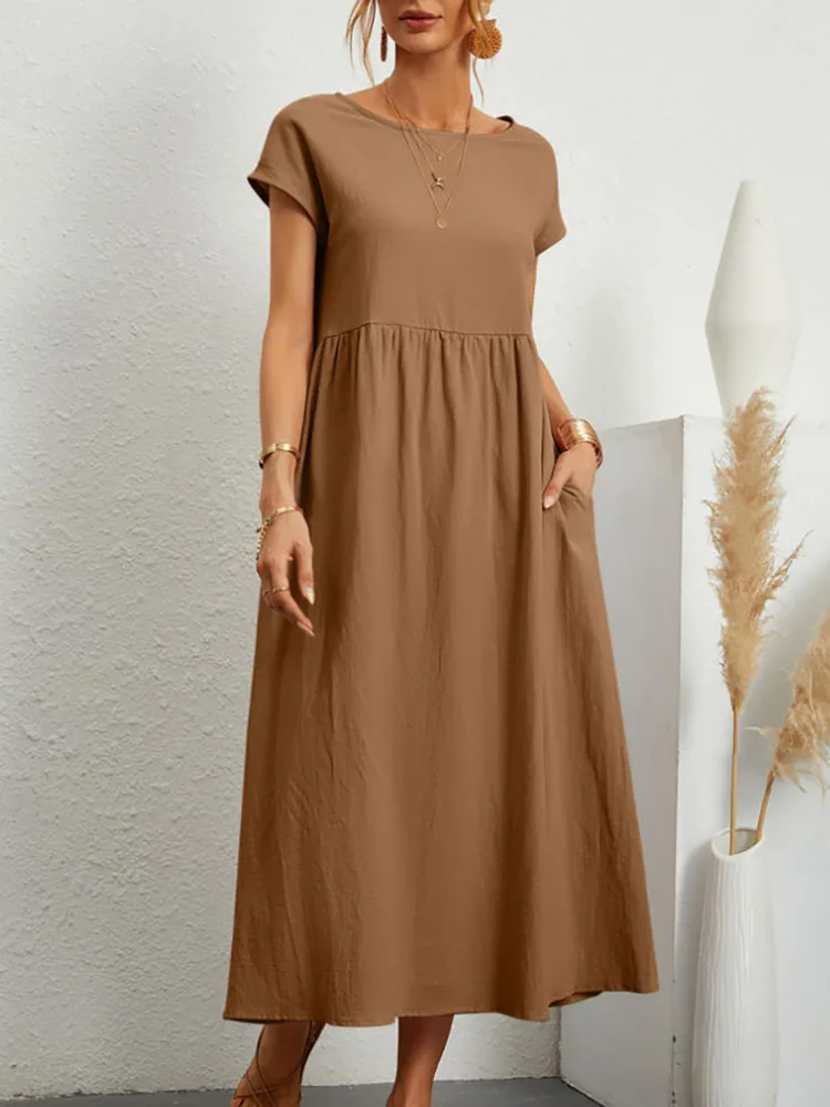 2023 new Vintage Dress O-Neck Half Sleeve Solid Dresses Summer Women Mid-Calf Length Robe Female Causal Holiday Sundress Kaftan - Image 2