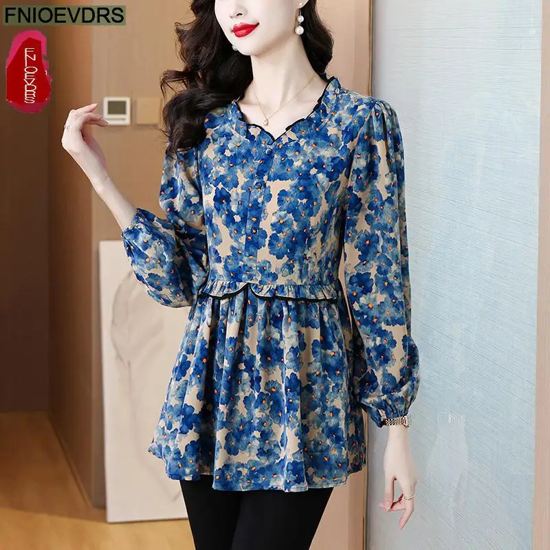Loose Clothes Women 2024 Autumn Elegant Office Lady Button Basic Shirts Casual Retro Vintage Ruffles Tunic Peplum Tops Blouses - Image 2