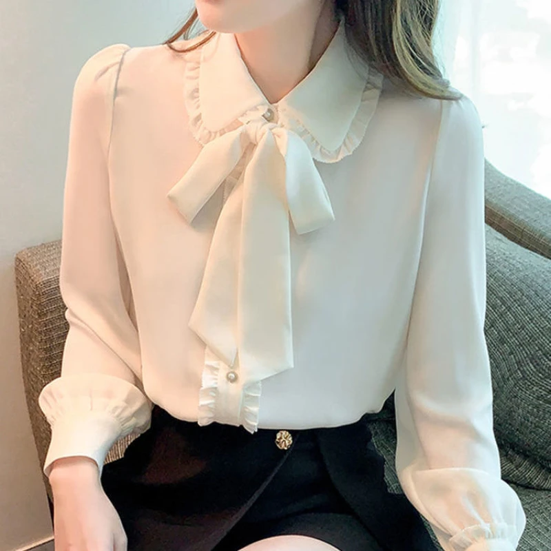 Bow Tie White Chiffon Shirt 2022 Spring Summer Korean Fashion Blouse Lace Elegant Long Sleeve Shirt for Female Casual Clothing - Image 3