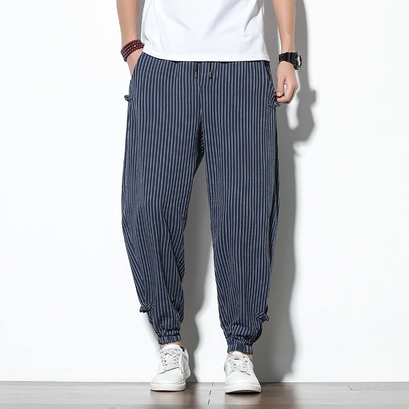 Four Seasons Men Disc Buckle Striped Harem Pants Breathable Cotton Linen Pencil Pants Buckle Casual Bloomers Fashion Trousers - Image 5