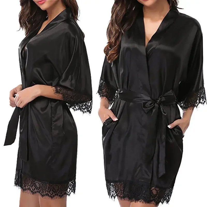 Womens Large Size Ice Silk Sexy Lace Bathrobe Pajamas Female Soft and Comfortable Solid Color Sleepwear V-Neck Bathrobe Pajamas - Image 4