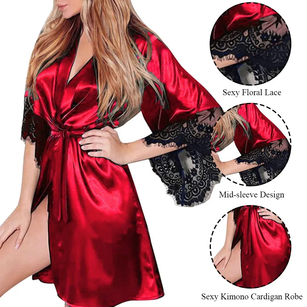 Womens Large Size Ice Silk Sexy Lace Bathrobe Pajamas Female Soft and Comfortable Solid Color Sleepwear V-Neck Bathrobe Pajamas - Image 2