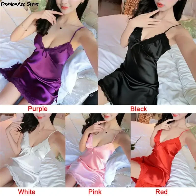 Ladies Silk Sling Nightdress Women's 2024 Summer Sexy Lingerie Satin Nightgowns Sleepshirts Lace Cup V-neck Nightwear Homewear - Image 6