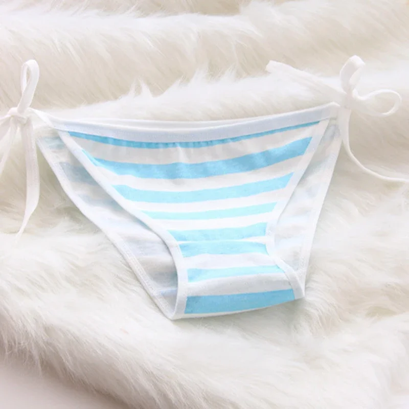 2PCS Women Bra Panties Set Sexy Lingeries Cotton Seamless Kawaii Bikini Lace-up Strap Blue White Striped Suit Female Underwear - Image 4