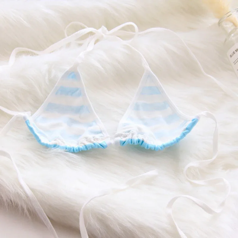 2PCS Women Bra Panties Set Sexy Lingeries Cotton Seamless Kawaii Bikini Lace-up Strap Blue White Striped Suit Female Underwear - Image 3