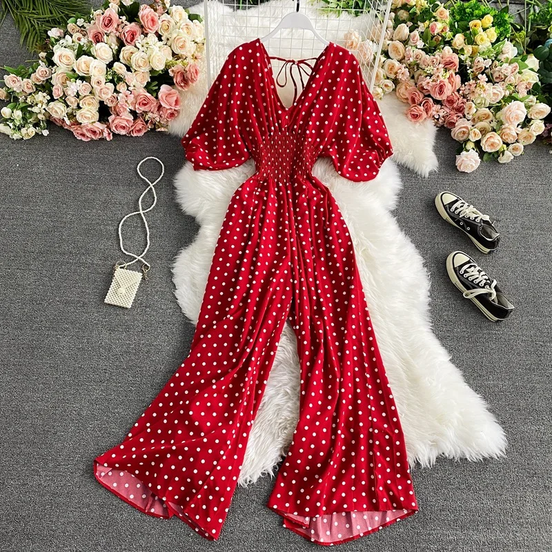 V Neck Sexy Dolman Sleeves Waist Slim Polka Dot Print Jumpsuit Women Wide Leg Trousers Jumpsuit - Image 2