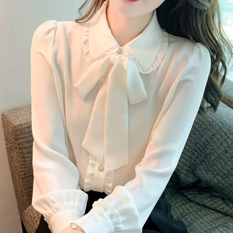 Bow Tie White Chiffon Shirt 2022 Spring Summer Korean Fashion Blouse Lace Elegant Long Sleeve Shirt for Female Casual Clothing - Image 4
