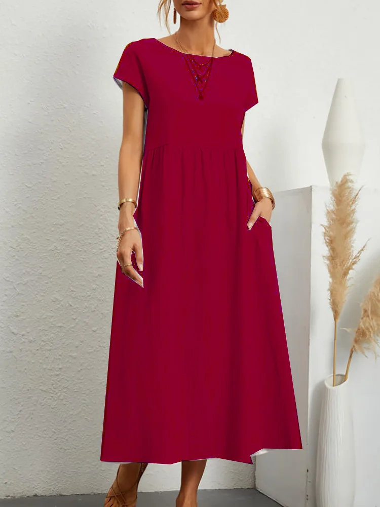 2023 new Vintage Dress O-Neck Half Sleeve Solid Dresses Summer Women Mid-Calf Length Robe Female Causal Holiday Sundress Kaftan - Image 3
