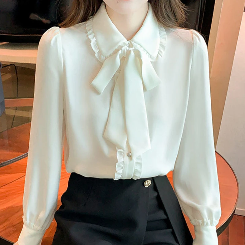 Bow Tie White Chiffon Shirt 2022 Spring Summer Korean Fashion Blouse Lace Elegant Long Sleeve Shirt for Female Casual Clothing - Image 6