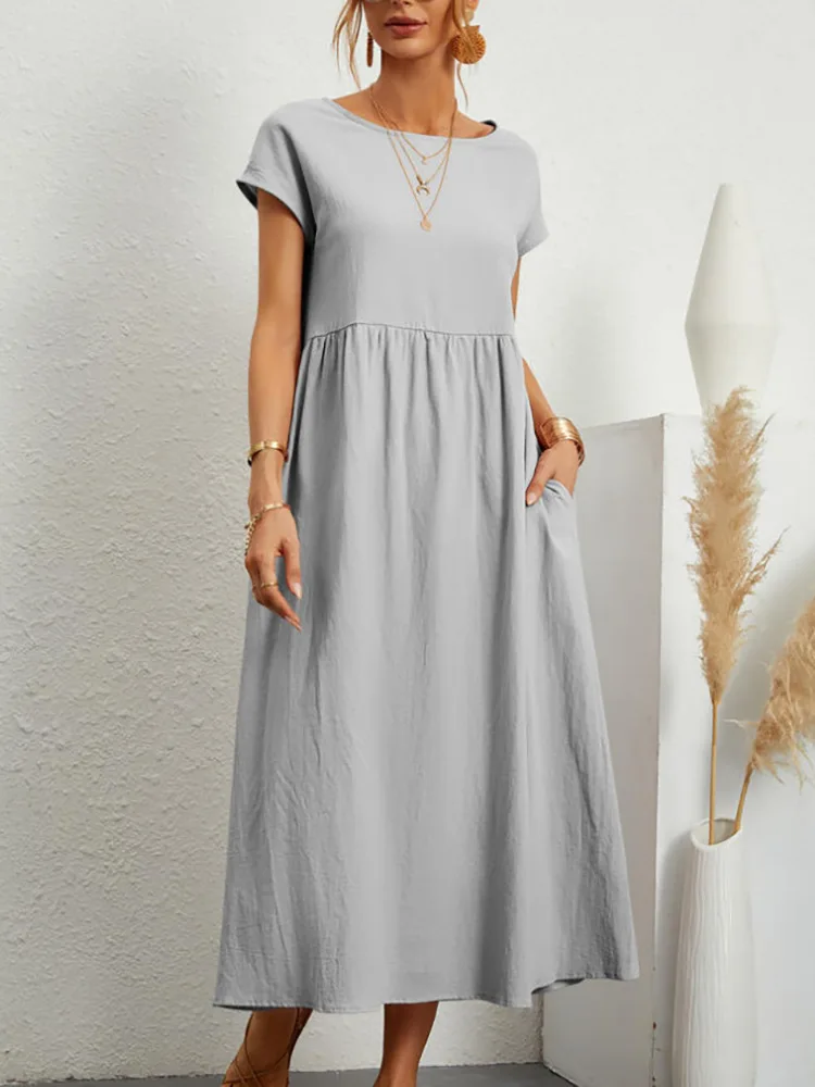2023 new Vintage Dress O-Neck Half Sleeve Solid Dresses Summer Women Mid-Calf Length Robe Female Causal Holiday Sundress Kaftan - Image 4