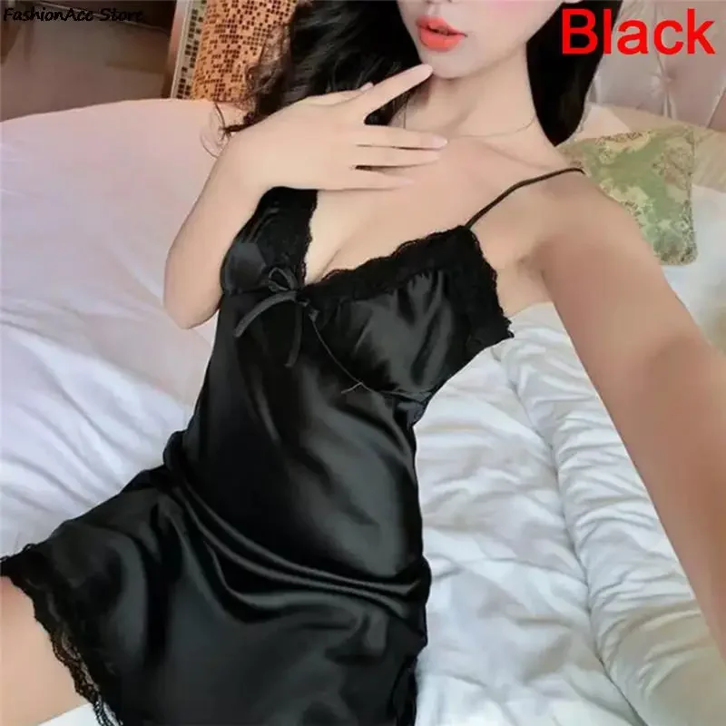 Ladies Silk Sling Nightdress Women's 2024 Summer Sexy Lingerie Satin Nightgowns Sleepshirts Lace Cup V-neck Nightwear Homewear - Image 4