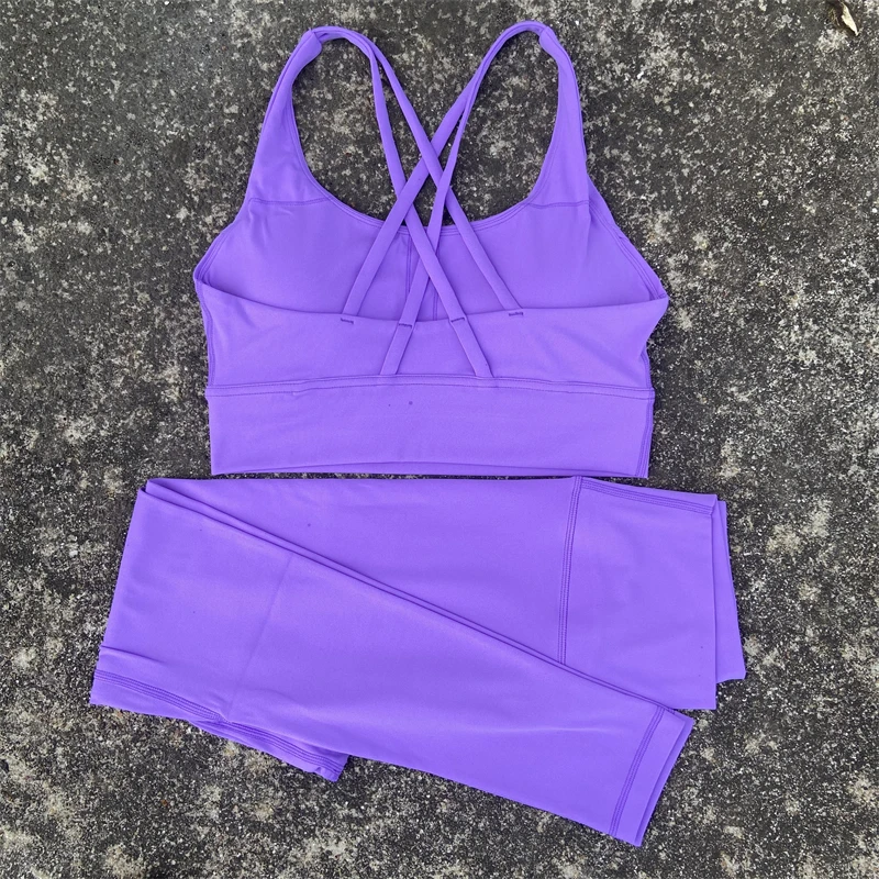 Yoga Set Gym Sports Set 2 Piece Women Workout Outfit Fitness Suit Cross Straps Bra Top And High Waist Leggings Running Tracksuit - Image 3