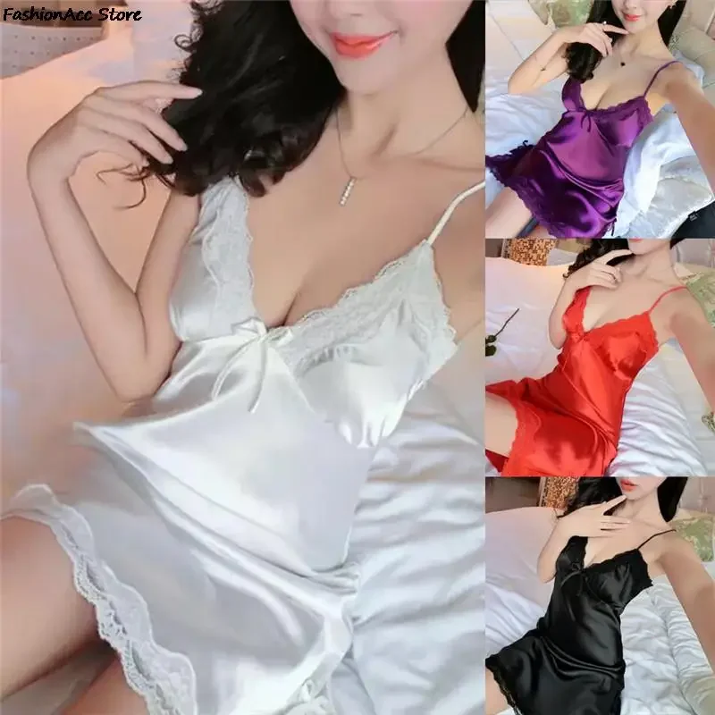 Ladies Silk Sling Nightdress Women's 2024 Summer Sexy Lingerie Satin Nightgowns Sleepshirts Lace Cup V-neck Nightwear Homewear - Image 2