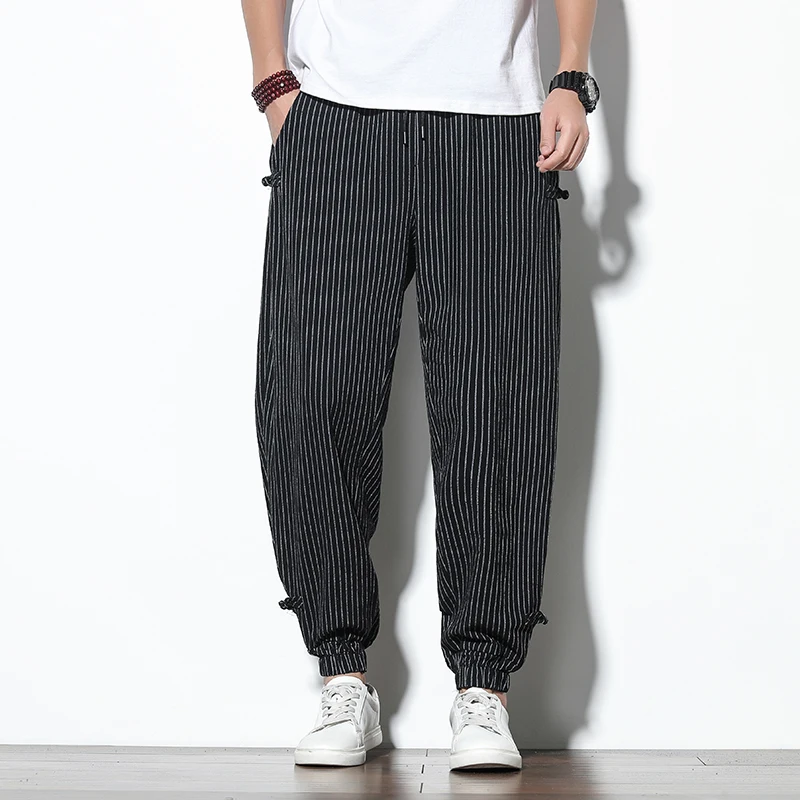Four Seasons Men Disc Buckle Striped Harem Pants Breathable Cotton Linen Pencil Pants Buckle Casual Bloomers Fashion Trousers - Image 6