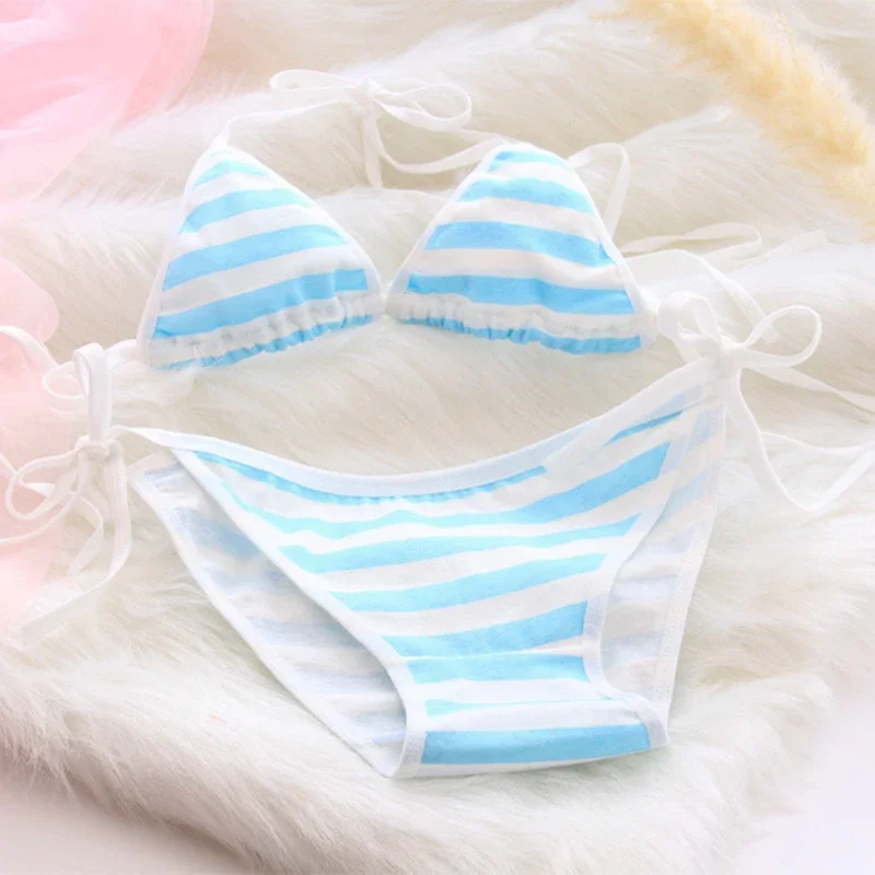 2PCS Women Bra Panties Set Sexy Lingeries Cotton Seamless Kawaii Bikini Lace-up Strap Blue White Striped Suit Female Underwear - Image 2
