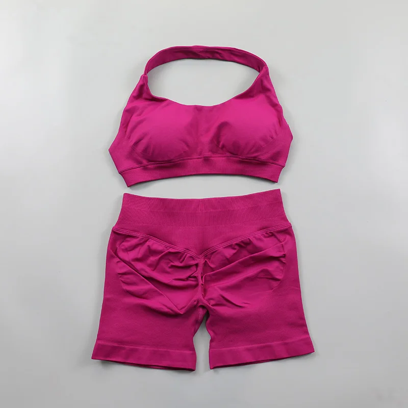 Impact Shorts Set Seamless Yoga Set Women Halter Sports Bra Low Waist Scrunch Bum Gym Shorts 2 PCS Sports Suits Workout Clothes - Image 2