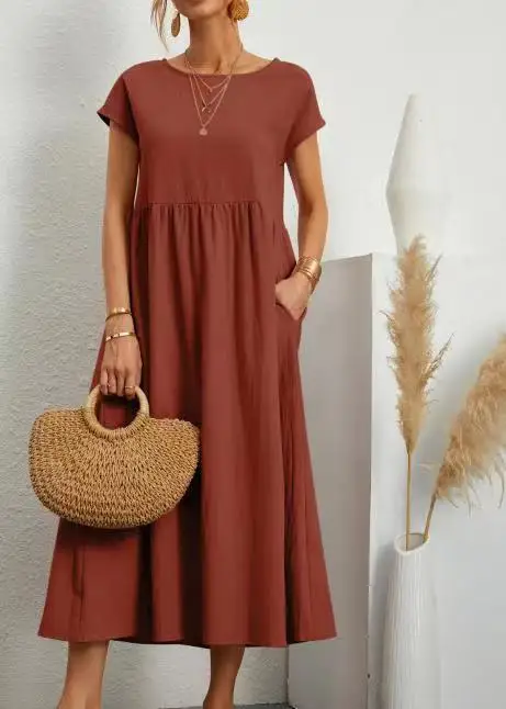 2023 new Vintage Dress O-Neck Half Sleeve Solid Dresses Summer Women Mid-Calf Length Robe Female Causal Holiday Sundress Kaftan - Image 6