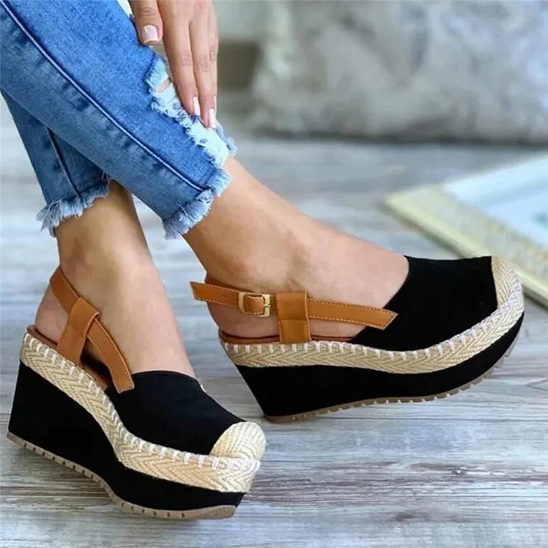 Large Size 2025 Summer Comfort Shoes for Women Beige Heeled Sandals Espadrilles Platform Clogs Wedge Big Black Velvet Low Girls - Image 3
