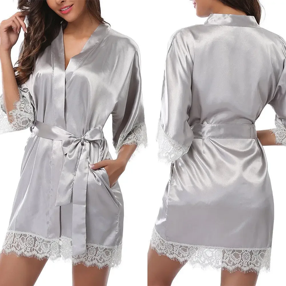 Womens Large Size Ice Silk Sexy Lace Bathrobe Pajamas Female Soft and Comfortable Solid Color Sleepwear V-Neck Bathrobe Pajamas - Image 5