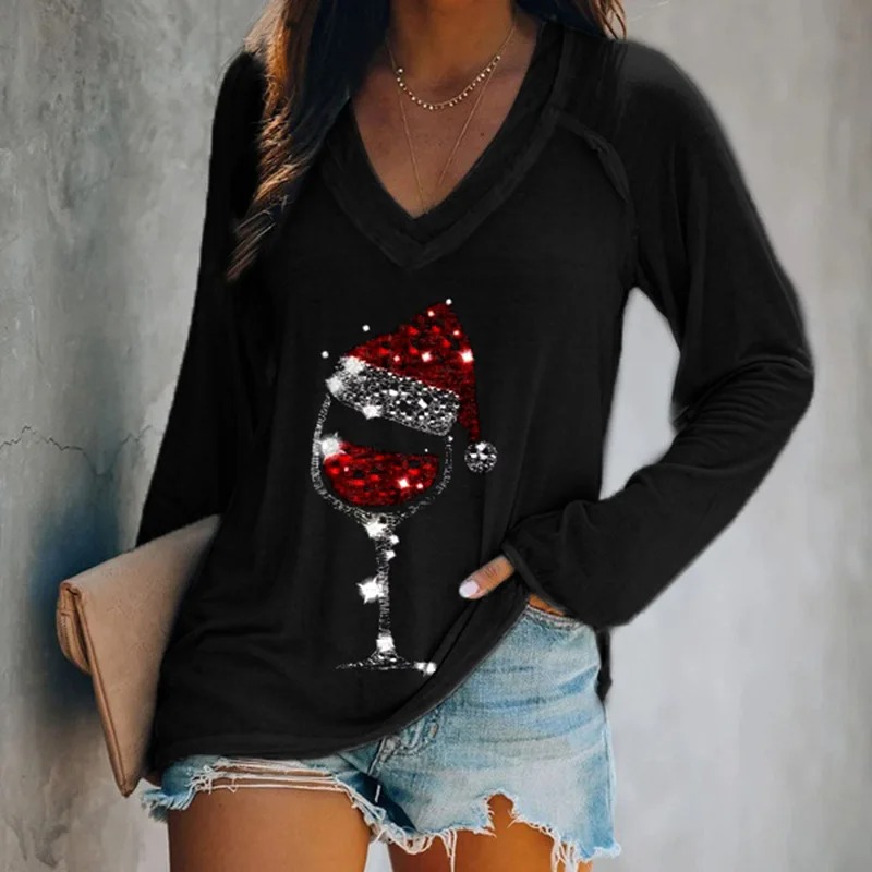 Women’s Christmas Wine Glass V-Neck T-Shirt – Long Sleeve Party Top