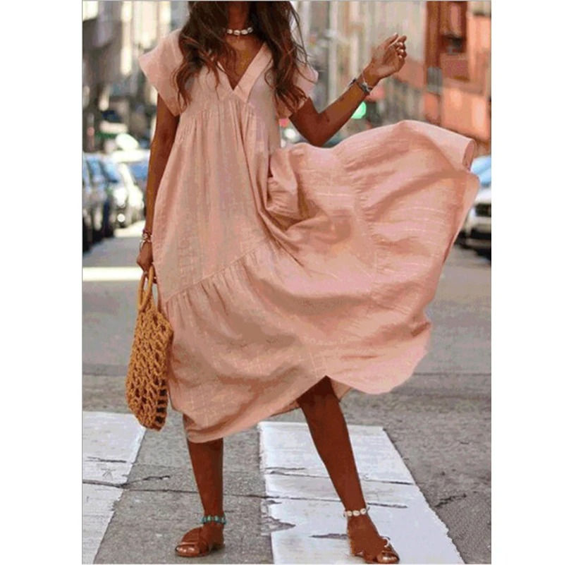 Summer Casual Women’s V-Neck A-Line Maxi Dress with Short Sleeves & Ruffle Detail - Image 5