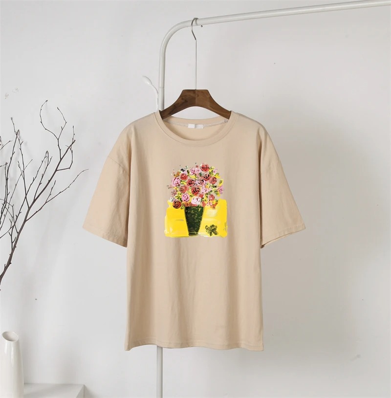 Vintage Hand-Painted Floral T-Shirt for Women – Elegant Loose Summer Graphic Tee - Image 5