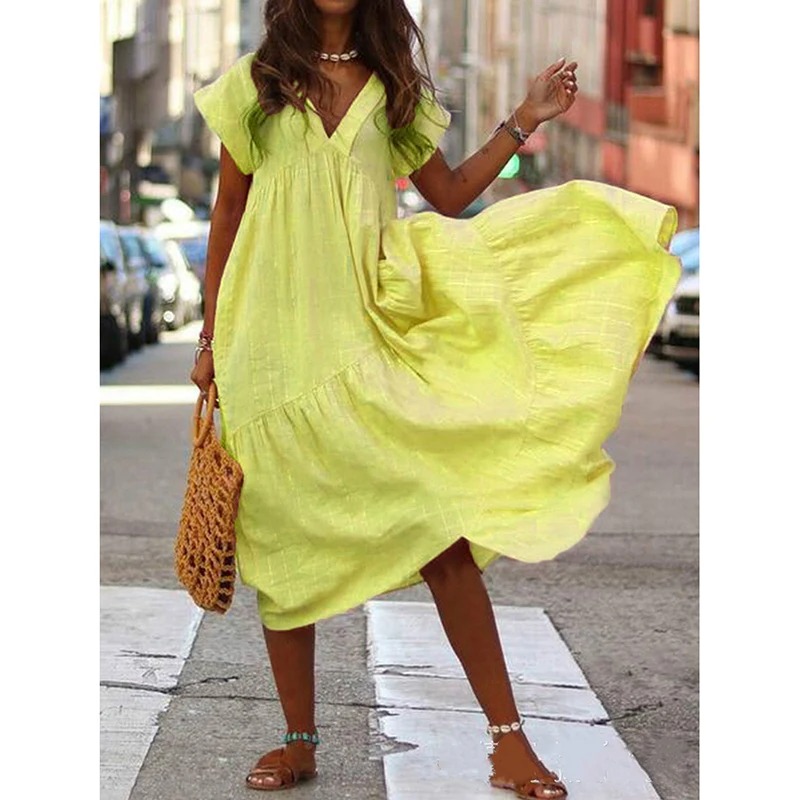 Summer Casual Women’s V-Neck A-Line Maxi Dress with Short Sleeves & Ruffle Detail - Image 2