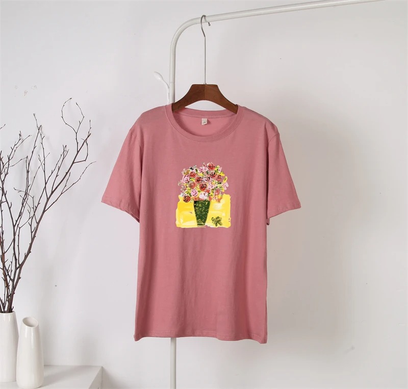 Vintage Hand-Painted Floral T-Shirt for Women – Elegant Loose Summer Graphic Tee - Image 6