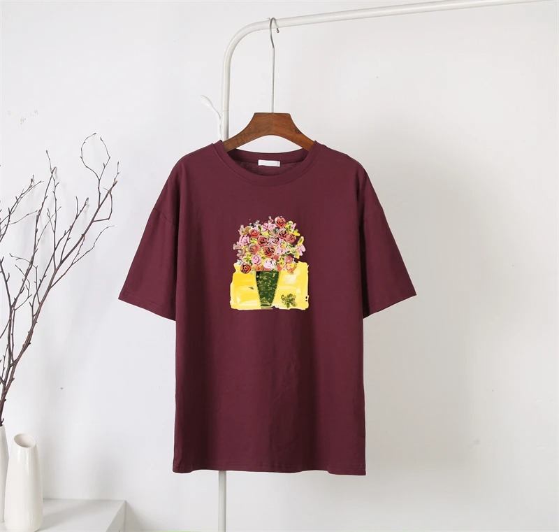 Vintage Hand-Painted Floral T-Shirt for Women – Elegant Loose Summer Graphic Tee - Image 3