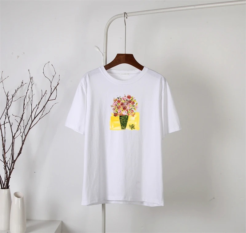 Vintage Hand-Painted Floral T-Shirt for Women – Elegant Loose Summer Graphic Tee - Image 4