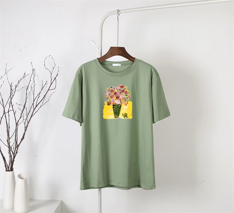 Vintage Hand-Painted Floral T-Shirt for Women – Elegant Loose Summer Graphic Tee - Image 2